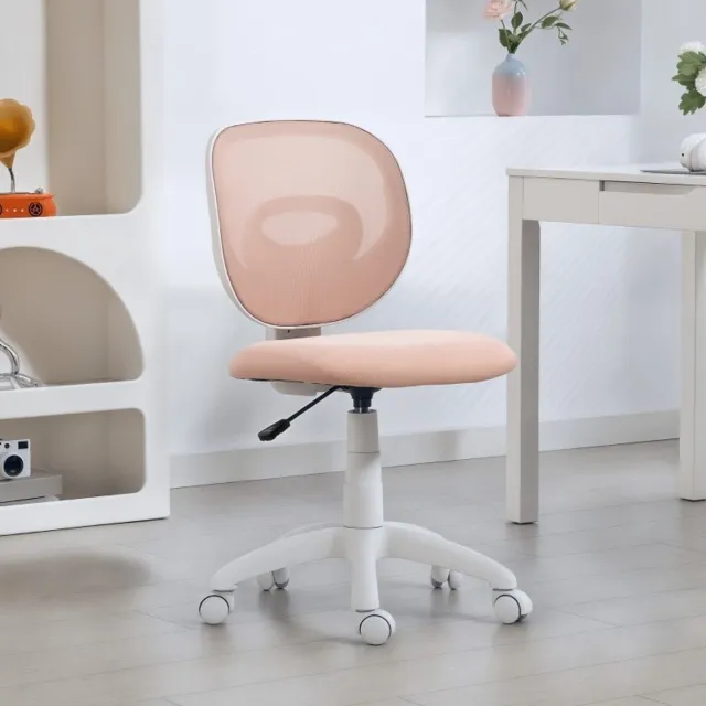 MEUNIQ Bureaustoel zonder armleuningen met C-vormige rugsteun, mesh rugleuning, hoogteverstelbaar 43-51 cm, 360° draaibaar met wielen, roze