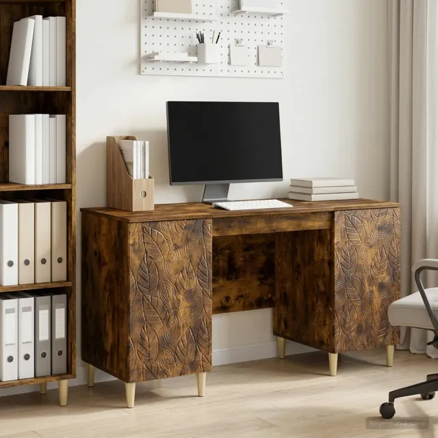 vidaXL Bureau Gerookt eiken 142,5 x 50 x 75 cm Bewerkt hout, foto 2