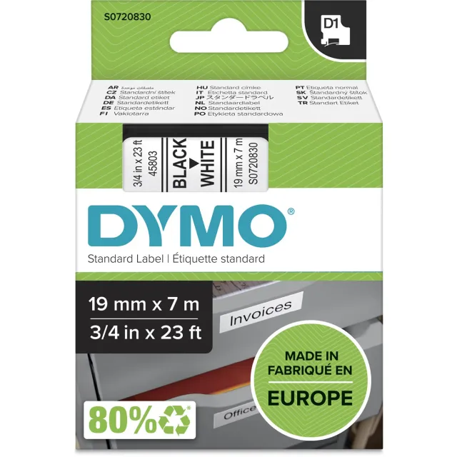 Dymo D1 tape 19 mm, zwart op wit