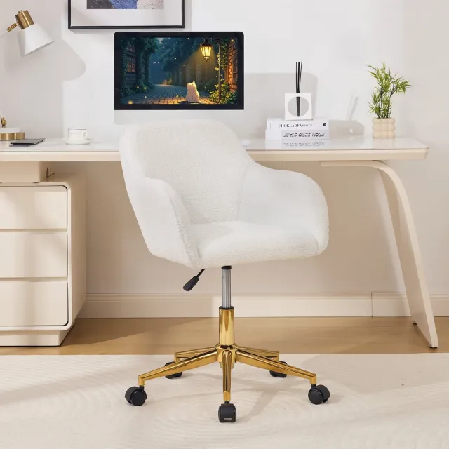 COVREO Bureaustoel 58 x 58 x 86 cm – pluche stof in ivory, 360 graden draaibaar met vaste armleuningen Ivoor