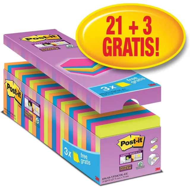 Memoblok Post-it 654 Super Sticky 76x76mm 21+3 gratis assorti blauw, foto 2