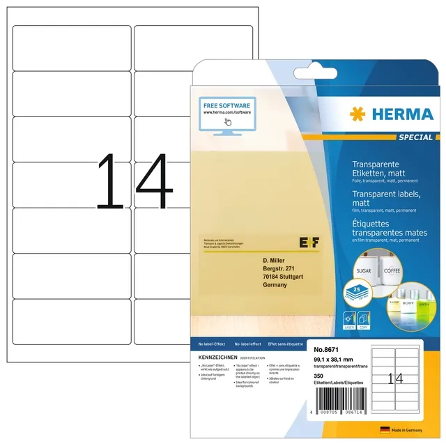 Herma Etiket HERMA 8671 A4 99.1x38.1mm folie transparant mat 350 stuks