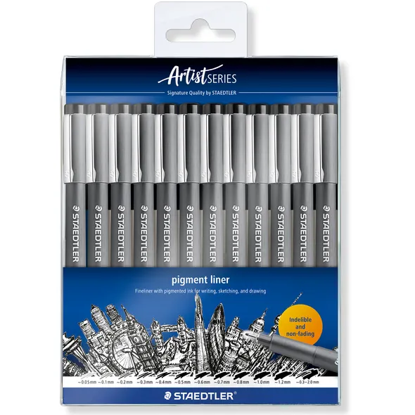 Staedtler Fineliner Staedtler Pigment 308 zwart set à 12 breedtes
