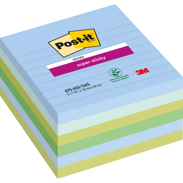 Post-it Super Sticky notes XL Oasis, 90 vel, ft 101 x 101 mm, gelijnd, geassorteerde kleuren, pak van 6 b blauw
