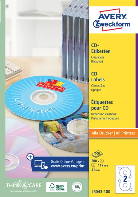 Avery Zweckform Etiket Avery L6043-100 CD wit 200 stuks
