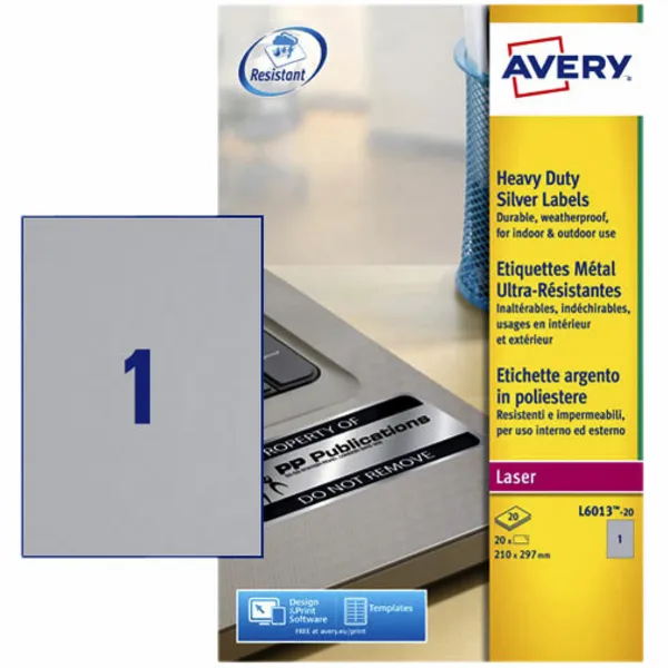 Avery Etiket Avery L6013-20 210x297mm zilver 20 stuks