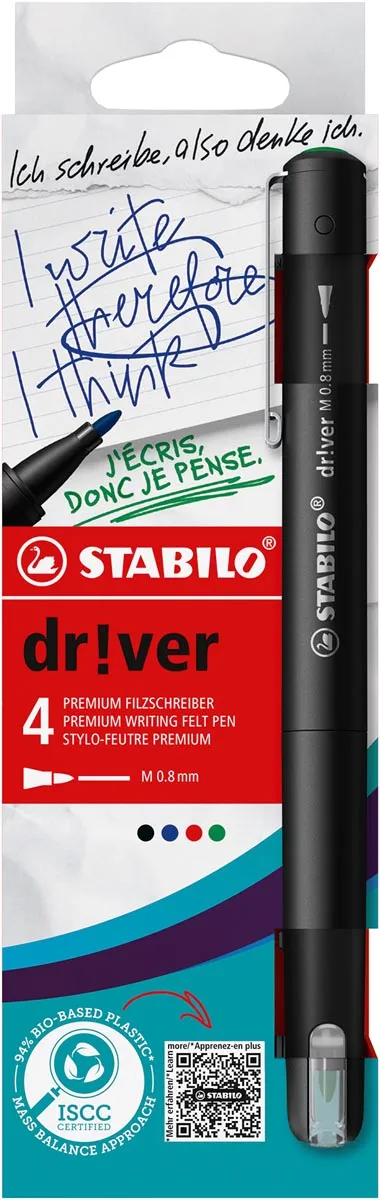 Stabilo dr!ver fineliner, medium punt, geassorteerde kleuren, blister van 4 stuks blauw