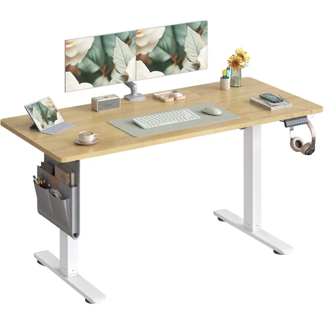 Songmics Zit Sta Bureau - Elektrisch - Memoryfunctie en USB-C-Aansluiting - 4 Hoogte-instellingen Wit-eiken