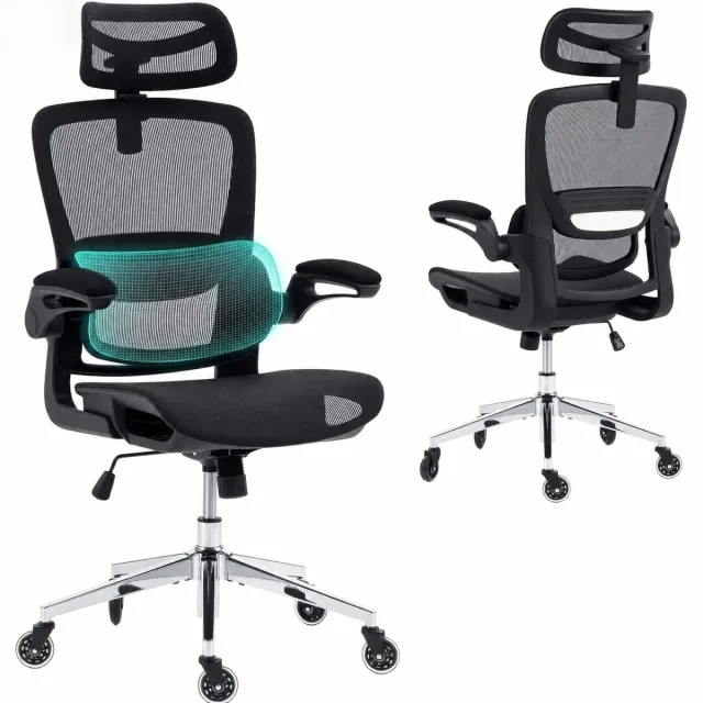 Ergoreal Ergonomische Bureaustoel - Office Chair - met 3D-hoofdsteu - Verstelbare armleuningen - Lendensteun -Zwart