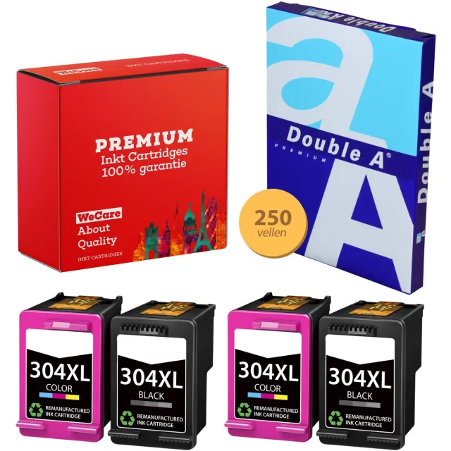 WeCare 4-pack Geschikt voor HP 304XL Inktcartridges + pak papier - Geschikt voor DeskJet 2620 - 2630 - 3720 - 3750 - 3760 - 3762 - 3764 - Envy 5010 - 5020 - 5030 - 3JB05AE Multipack 2x Zwart + 2x Kleur