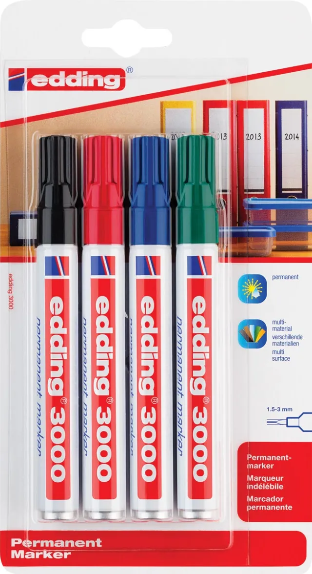 Edding permanent marker 3000, blister van 4 stuks in geassorteerde kleuren blauw