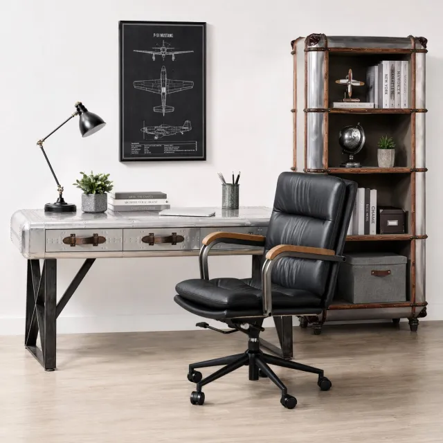 REDOM Ergonomische leren bureaustoel - Hoge rugleuning - Verstelbare hoogte - 360° draaibaar - Mid-century modern - Thuiswerkplek - Leer en metaal - Zwart - 64,8 x 66,8 x 95,8 cm