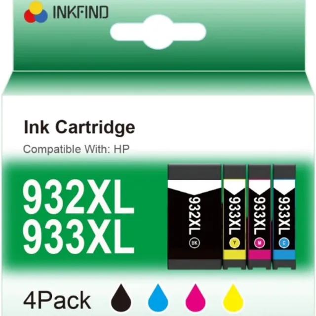 INKFIND 932XL 933XL inktcartridges voor HP 932 HP932 HP933 HP 933 HP932XL HP 932XL HP933XL HP 933XL inktcartridge multipack van 4 stuks (1 x zwart, 1 x cyaan, 1 x magenta en 1 x geel) voor HP OfficeJet 6100, 6600, 6700, 7110,7610, 7612, 8620 Zwart x 1, Cyaan x 1, Magenta x 1, Geel x 1