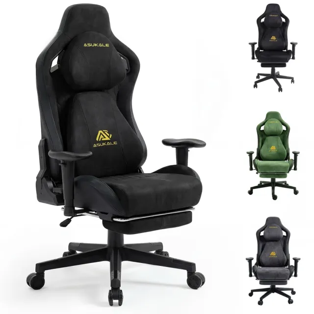 ASUKALE Gamingstoel - Ergonomische stoel - Suède - Met voetensteun en 3D-armleuningen - Bureaustoel - Draagvermogen 200 kg - zwart