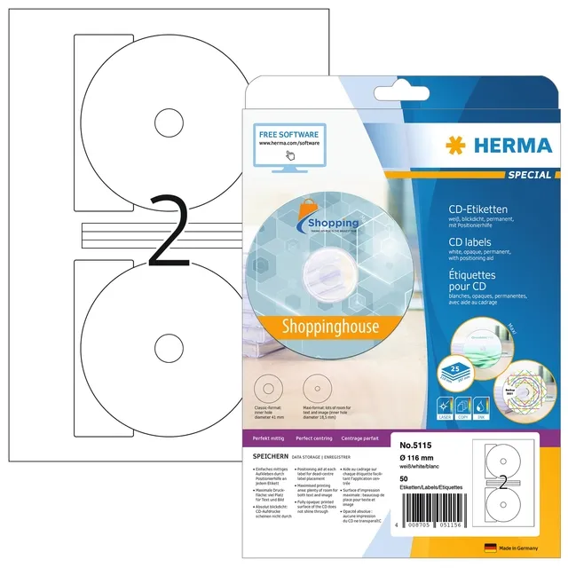 Herma Etiket HERMA 5115 CD 116mm wit 50 stuks