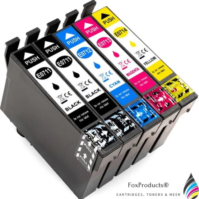 FoxProducts T0711, T0712, T0713, T0714, T0715, 5 cartridges geschikt voor Epson, Stylus D120, S20, S21, SX100, SX105, SX110, SX115, SX200, SX205, SX210, SX215, SX218, SX400, SX405, SX410, SX415, SX510W, SX600FW, SX610, 0711, 0712, 0713, 0714, 0715 Zwart, Cyaan, Magenta, Geel