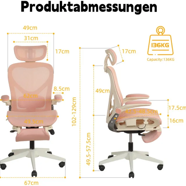 DESMIU Bureaustoel 129 cm - Ergonomisch Met 3D Hoofdsteun, Verstelbare Lendensteun En Kantelfunctie - Kantoor, Studie En Spelen - Netstof Roze