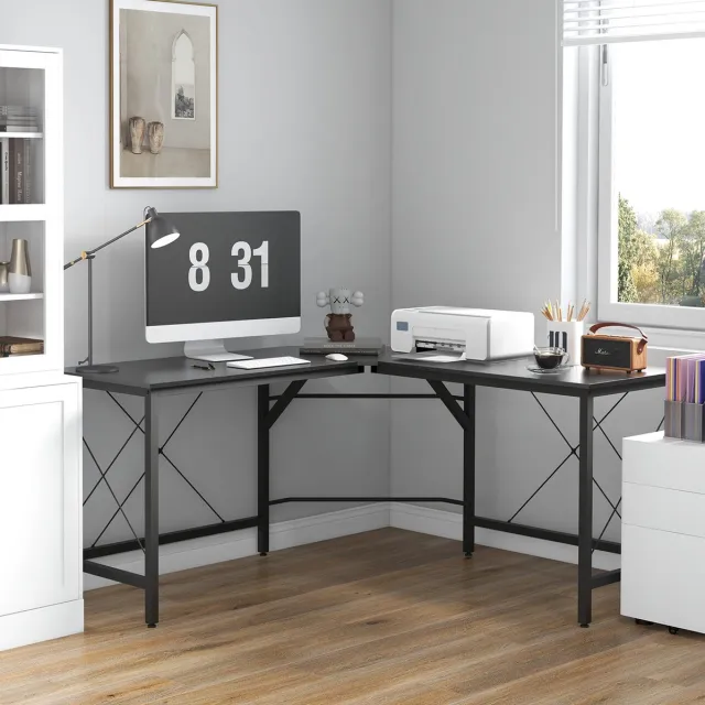 FloraGrace Hoekbureau - L-Vorm Computertafel Voor Home Office En Werkruimte - Ruim Werkblad Van MDF En Stalen Frame - 150x150x76 Cm - Zwart