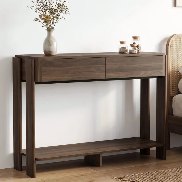 DESMIU Bureau - 2 Laden en Onderste Plank - voor Thuiskantoor, Hal en Woonkamer - MDF en Spaanplaat - 100 x 34 x 75 cm - Donkerbruin Walnootbruin