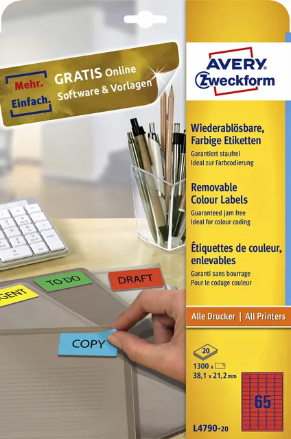 Avery Zweckform Etiket Avery L4790-20 38.1x21.2mm rood 1300 stuks