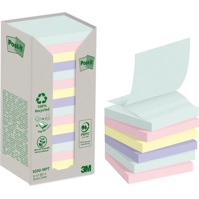 Post-it recycled Z-notes, 100 vel, ft 76 x 76 mm, assorti, pak van 16 blokken blauw