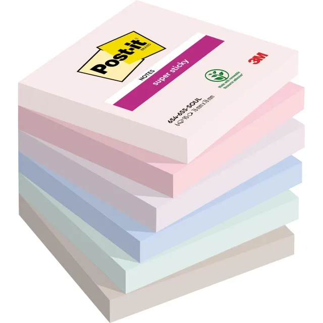Post-it Super Sticky notes Soulful, 90 vel, ft 76 x 76 mm, geassorteerde kleuren, pak van 6 blokken blauw