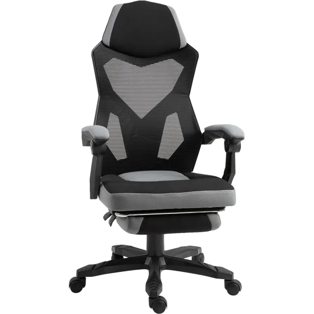 Lunpog Bureaustoel, gamingstoel, in hoogte verstelbaar, rugleuning met zwenkwielen, voetsteun, netstof, 58 x 63 x 112-122 h cm, grijs/zwart