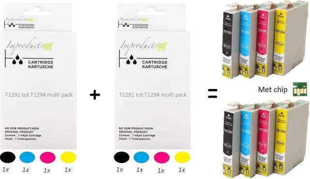Improducts Inkt cartridges Alternatief Epson T1291 T1292 T1293 T1294 T1295 2x set Multicolor - Zwart (2x), Cyaan (2x), Magenta (2x), Geel (2x)