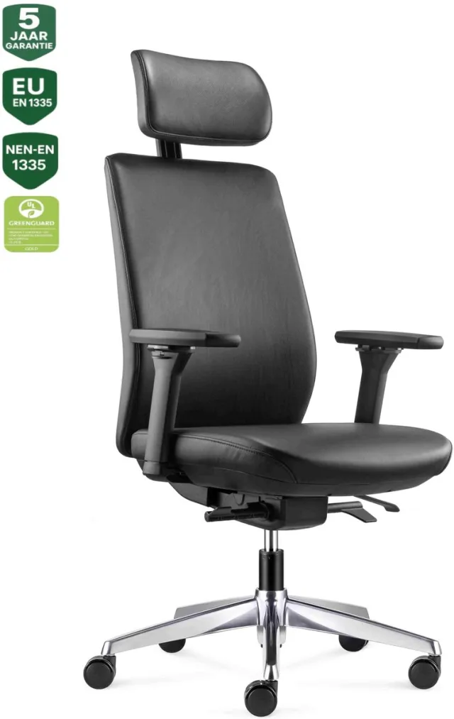 Bens 918HExe-Synchro-4 Zwart - Luxe Executive Ergonomische Bureaustoel - Bureaustoel voor volwassenen - Kantoorstoel - Volledig Lederen bekleding - Volledig instelbaar - GREENGUARD GOLD - NEN-EN1335 & ARBO normen Zwart incl. hoofdsteun/ Leder