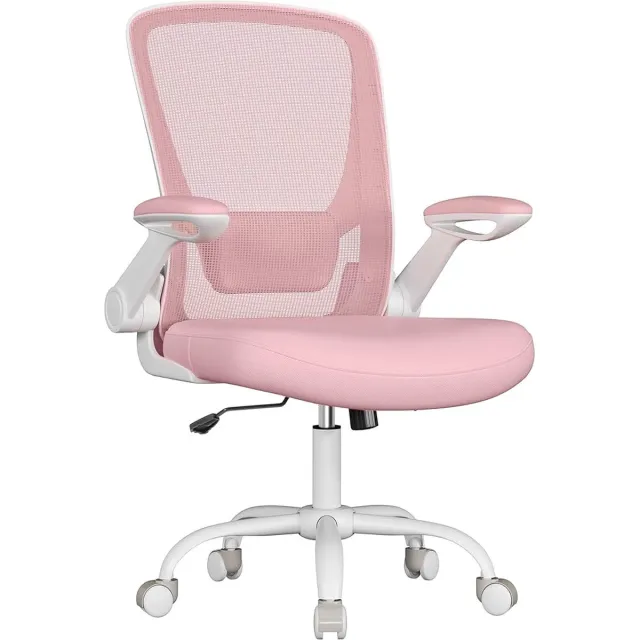 Bobbel Home Bureaustoel Ergonomisch - Bureaustoel inklapbare armleuning- Metalen Onderstel – met - Wieltjes - 360° Draaibare Stoel - Verstelbare Lendensteun – Ruimtebesparend - Roze Candy roze