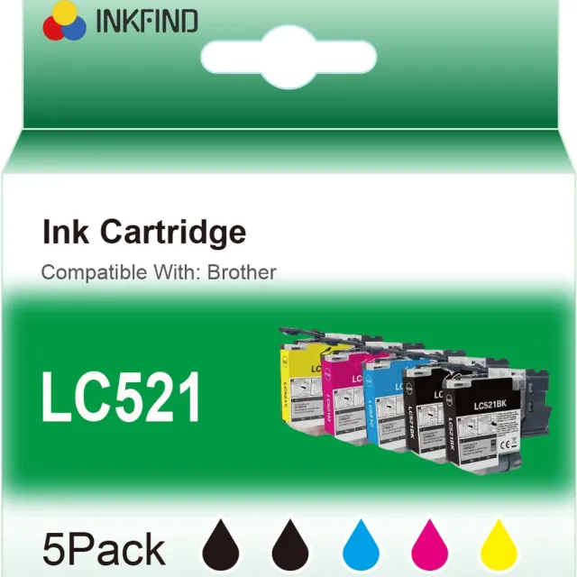 INKFIND LC521 Zwart/Zwart/Cyaan/Magenta/Geel inktcartridge compatibel met Brother LC521 LC-521 LC521VAL Multipack 5 stuks (Zwart x 2, Cyaan x 1, Magenta x 1, Geel x 1) geschikt voor Brother DCP-J1260W/J1310DW/J1313DW/J1360DW/J1460DW -5-pack BK+BK/CMY