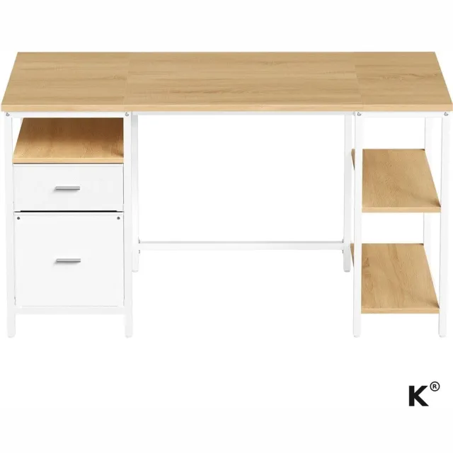 Klarven Bureau Eiken-wit - Bureau met Lades - Bureautafel - Desk - 3 Lades en 2 Legplanken - Montage Links of Rechts - 140x60x76 cm