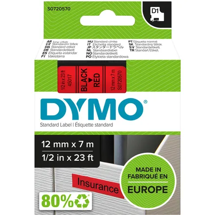 Dymo Labeltape Dymo LabelManager D1 polyester 12mm zwart op rood