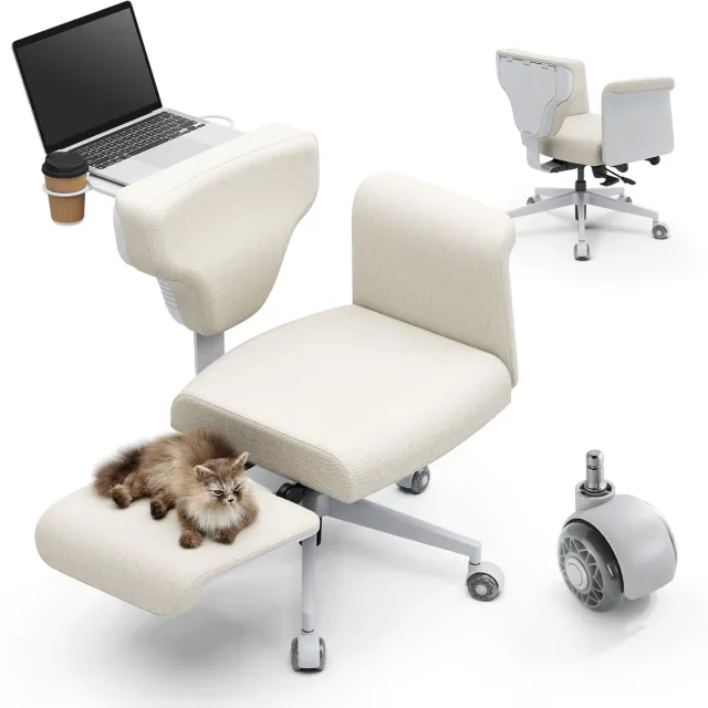 Newtral FREEDOM-X-PRO Multifunctionele Bureaustoel met Wielen en Armleuningen, Verstelbare Rugleuning en Zitdiepte, Ingebouwd Uitschuifbaar Laptopblad en Verborgen Bekerhouders, Geschikt voor Thuiswerken en Huisdieren perzikkleur