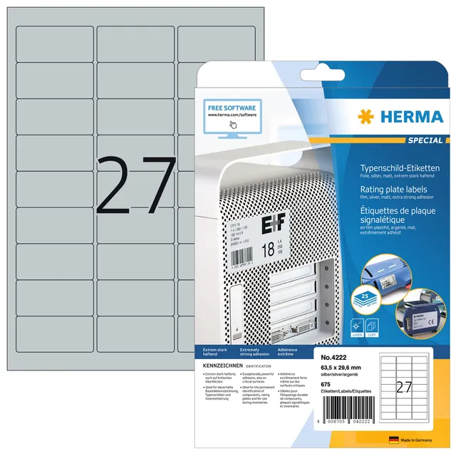 Etiket HERMA 4222 63.5x29.6mm weerbestendig zilver 675 stuks