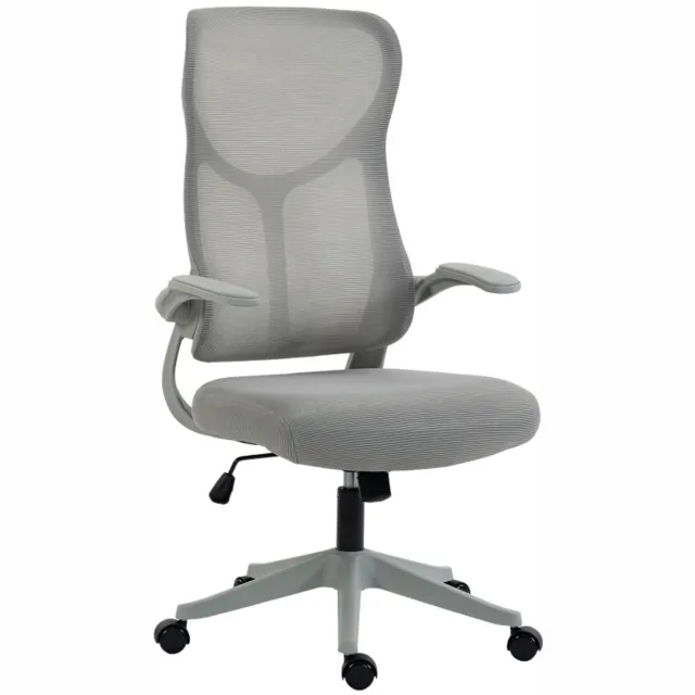 STILVORA Bureaustoel 64 x 69,5 x 110 tot 120 cm - Opklapbare Armleuningen en Schommelfunctie - Voor Thuiswerken en Studeren - Mesh - Grijs