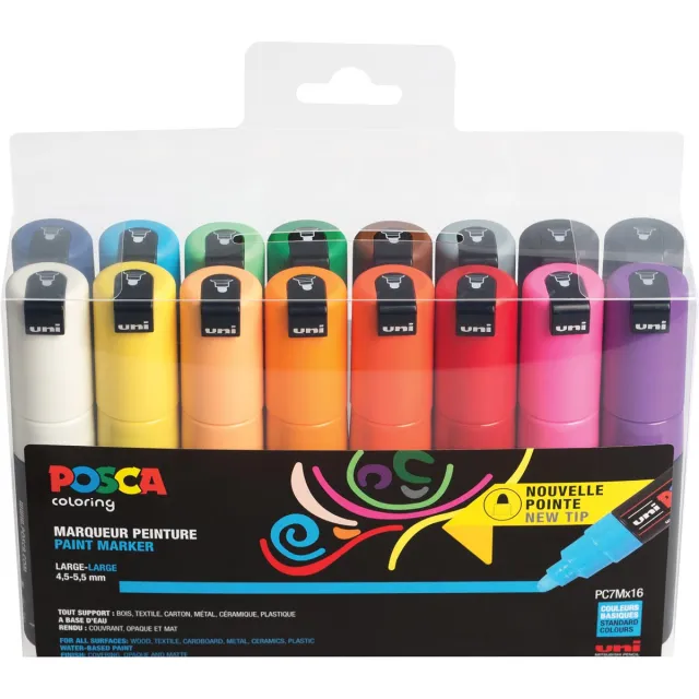 Posca Uni POSCA paintmarker PC-7M, 4,5 - 5,5 mm, etui van 16 stuks in geassorteerde kleuren blauw