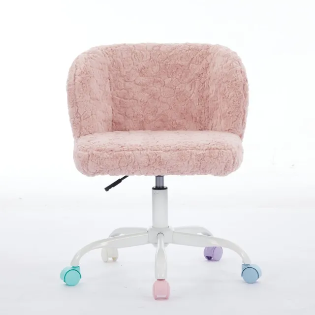 Ropilly Roze Pluche Bureaustoel - Imitatiebont Make-up Stoel - 360° Draaibaar - In Hoogte Verstelbaar - Metalen Basis - Slaapkamer - 55x57x81cm - Roze