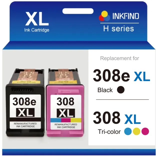 INKFIND 308e XL Huismerk inktcartridges (extra hoge capaciteit 560 pagina's + 180 pagina's met 5% dekking) Geschikt voor HP 308 HP308 HP308e HP 308e 6L6S6UE 7FP22UE 7FP21UE 7FP20UE 2-pack (Zwart x 1 en Kleur x 1) Zwart x 1, Kleur x 1