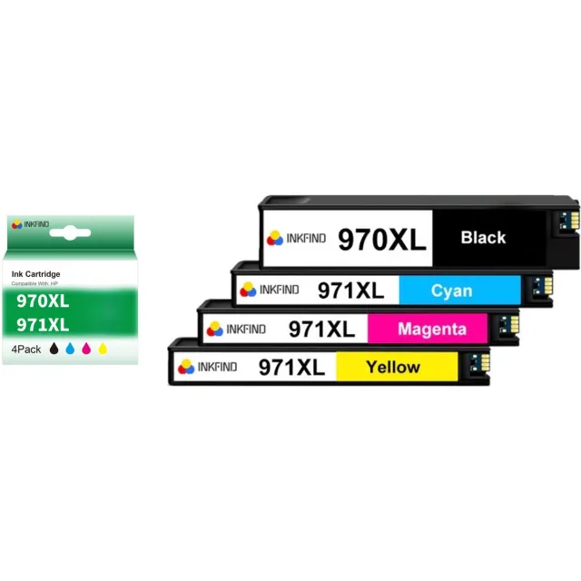 INKFIND 970XL 971XL Inktcartridges Geschikt voor HP 970 HP970 HP971 HP 971 HP970X HP971X HP 970X HP 971X- Set van 4 - ( 1 x Zwart, 1 x Cyaan, 1 x Magenta, 1 x Geel) - Geschikt voor HP OfficeJet Pro X450, X451, X470, X551, X576 Series Zwart x 1, Cyaan x 1, Magenta x 1, Geel x 1