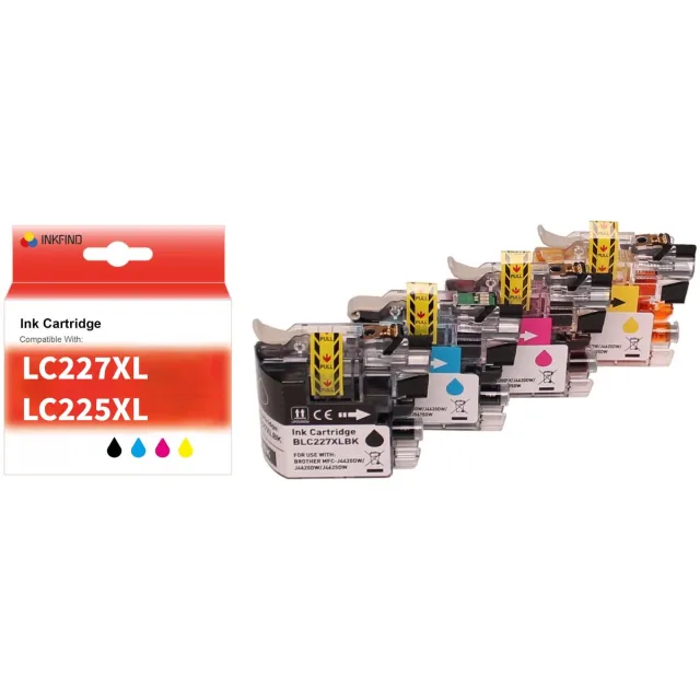 INKFIND LC227XL LC225XL inktcartridge voor Brother LC227XL 225XL LC-227 LC-225 inktcartridge multipack 4 stuks (Zwart x 1, Cyaan x 1, Magenta x 1, Geel x 1)