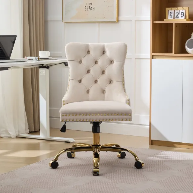 MUVANO Fluwelen bureaustoel - Velvet bureaustoel - Beige kantoorstoel - Draaistoel - Gecapitonneerd - Goud onderstel - Brede zitting - Verstelbaar - Thuiswerken - 63x50x98cm - 1 stuk - Beige