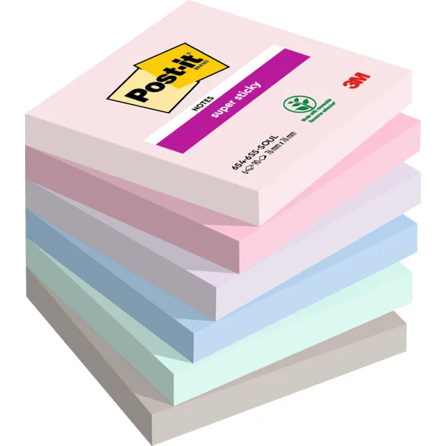 Post-It Memoblok Post-it 654 Super Sticky 76x76mm Soulful 6 stuks blauw
