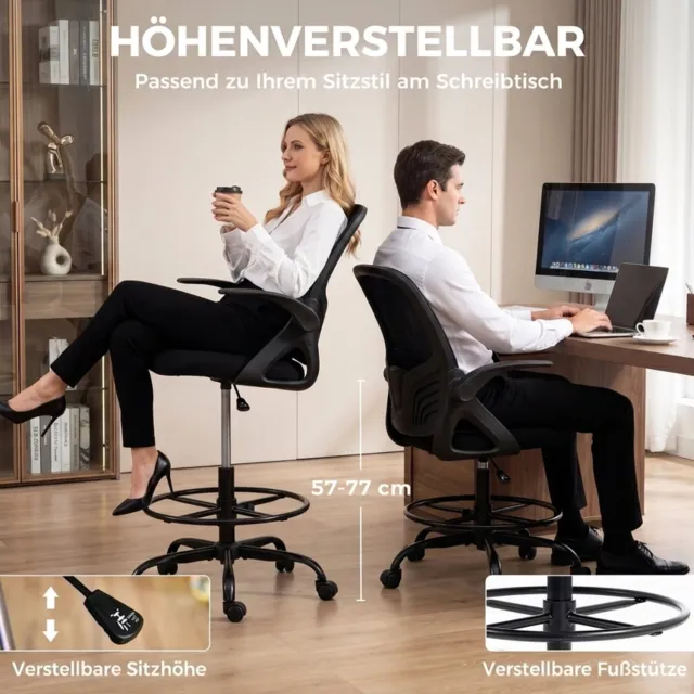 OKWISH Bureaustoel 65 x 59 x 104-124 cm - Verstelbare Zithoogte en Lendensteun - Voor Tekentafel en Kantoor - Polyester - Zwart