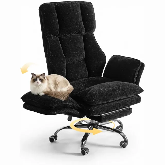 Gudalio Luxe Bureaustoel - Stoelen - Ergonomisch - Opklapbare Armleuningen - Voetensteun - 180 kg - Draaibaar - Chenille - Zwart
