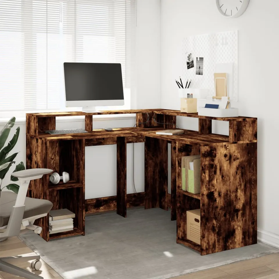 vidaXL Bureau met LED-verlichting 130x130x91 cm hout gerookt eiken, foto 2