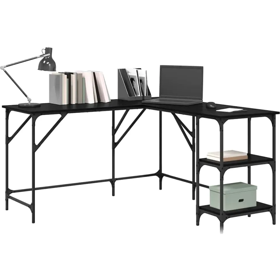 vidaXL Bureau Zwart Eiken 139 x 139 x 75 cm Bewerkt hout, foto 3