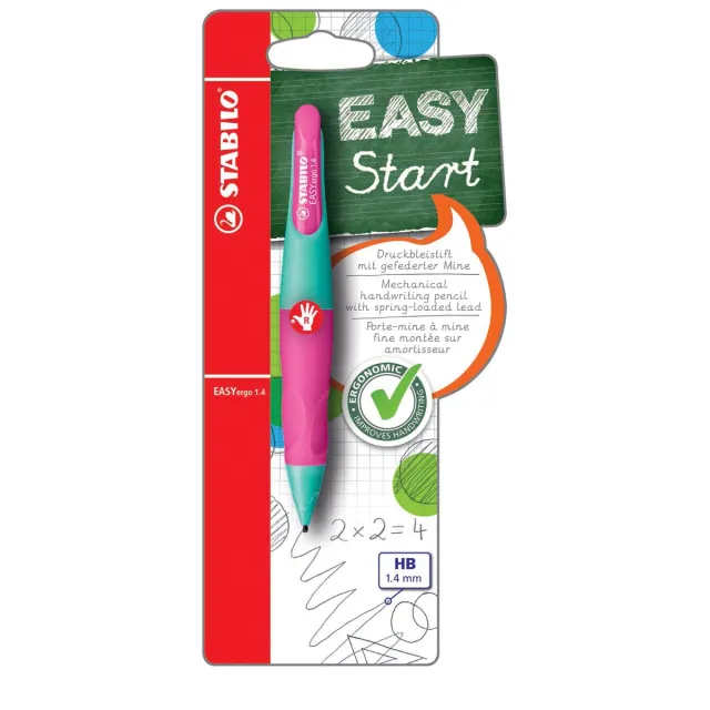 Stabilo EASYergo vulpotlood, 1,4 mm, voor rechtshandigen, blister van 1 stuk, turkoois en roze
