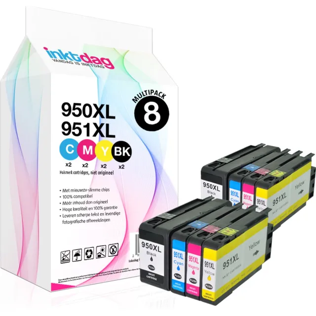 inktdag inktcartridge voor HP 950XL / HP 951XL multipack, HP 950/ HP 951, hp 950xl 951xl inktcartridge 8 packmultipack geschikt voor HP OfficeJet PRO 8100, 8600, 8600 Plus, 8610, 8615, 8620, 8630, 8640, 8660 (Mét chip) Zwart (73 ml) X 2