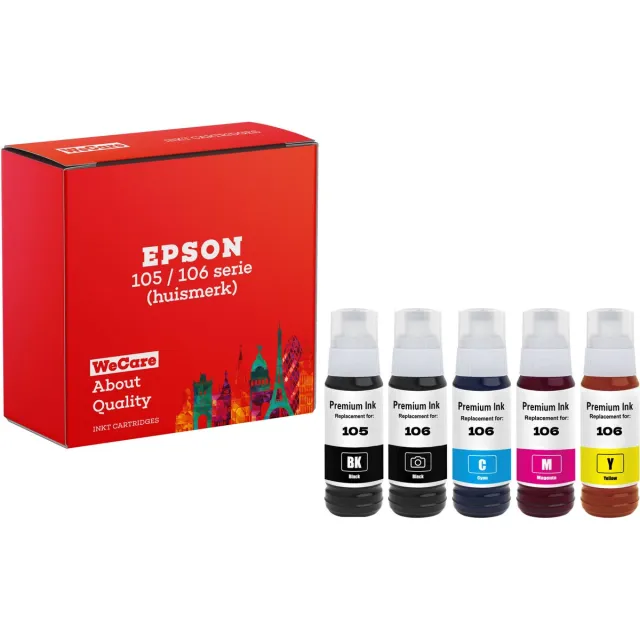 WeCare 5-pack | Inkt Geschikt voor Epson EcoTank 105/106 | Multipack van 5x Inktflessen - Geschikt voor Epson EcoTank Printer ET-7700 en ET-7750 Multipack 5 inktflessen